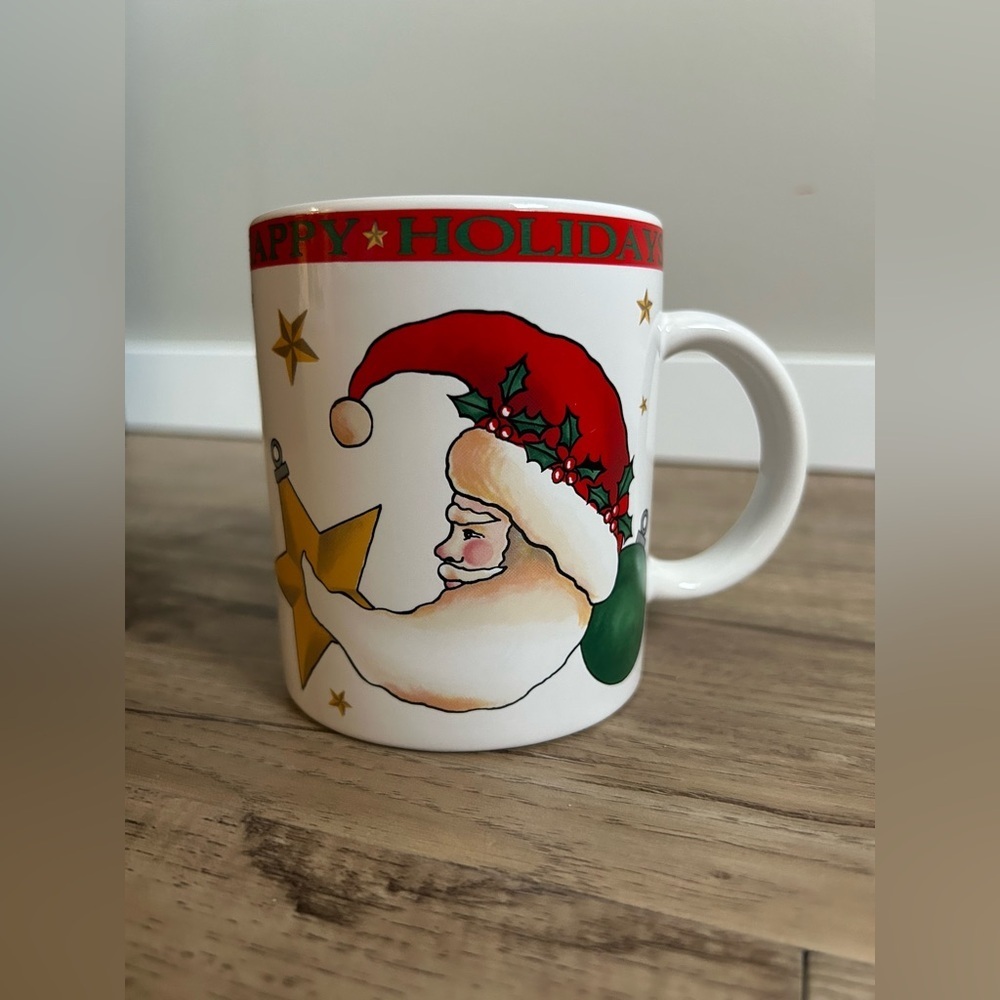 Vintage 1994 Happy Holidays Festive Santa Mug Red Green Gold white Christmas